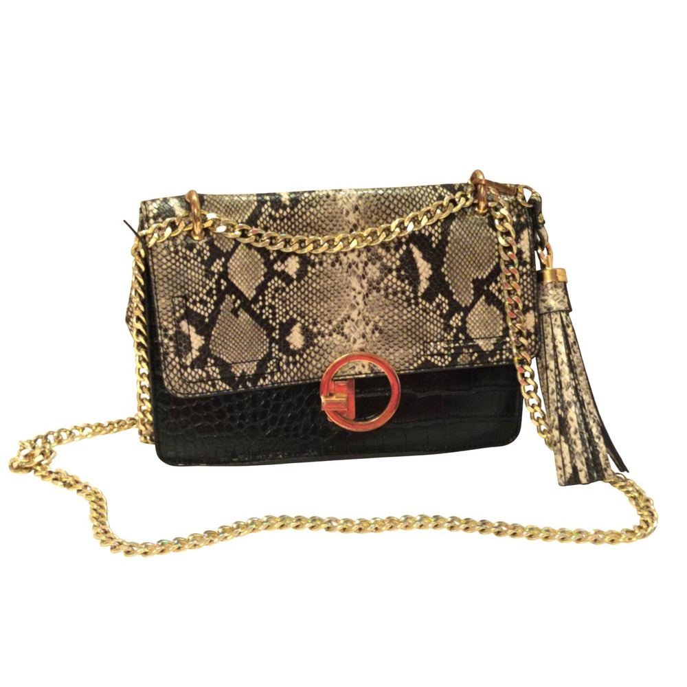 Aldo Crossbody Bag Black White Gold Chain Snakeskin and Croc Embossed Tassel
